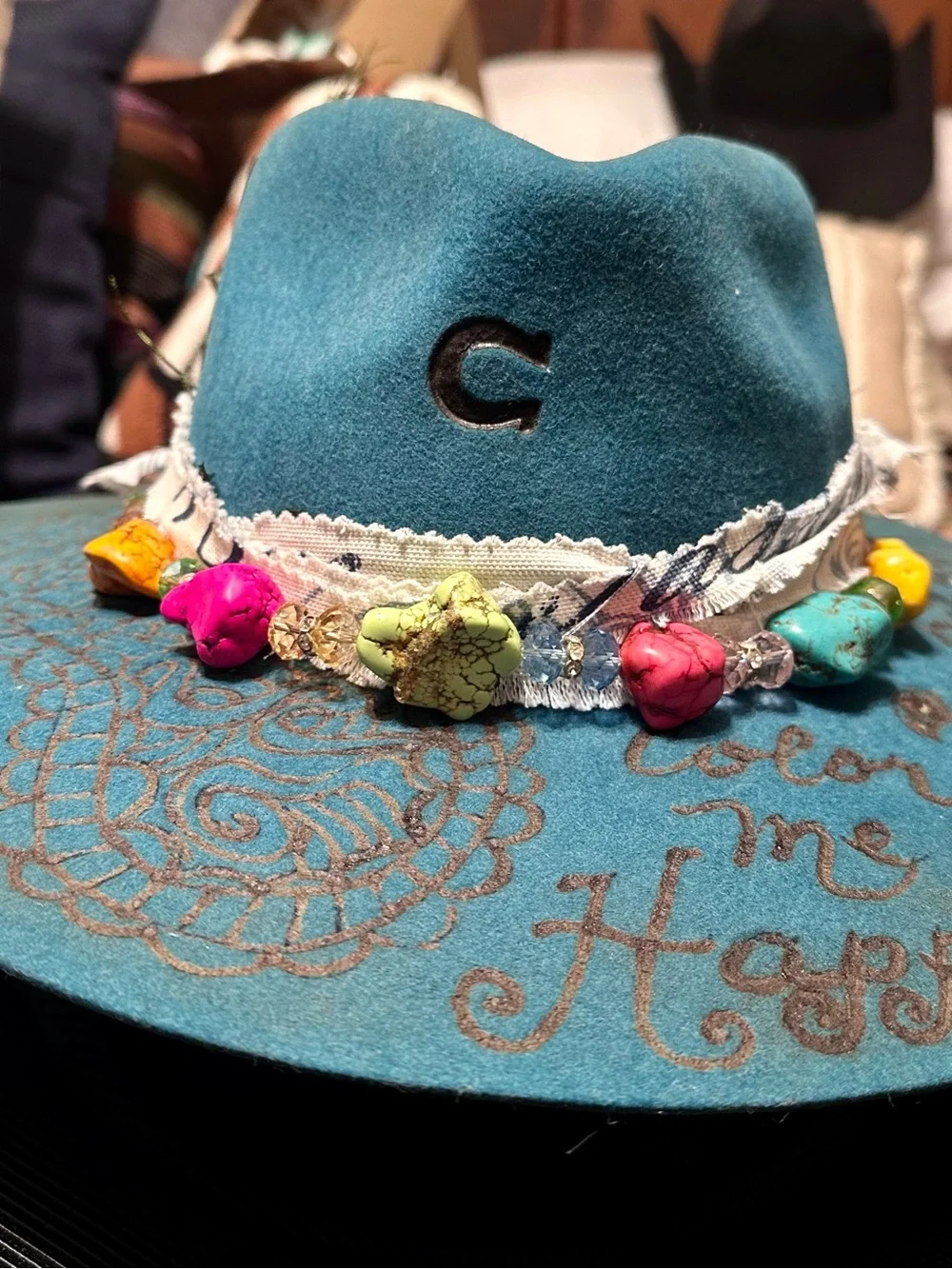 Charlie One Horse Paisley Burned Designed Dark Teal Felt Hat w/ Beaded ColorTrim